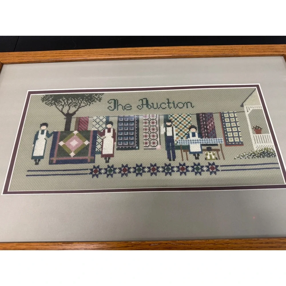 Vintage Amish Folk Art Framed Cross Stitch Set Welcome & The Auction Quilt Theme